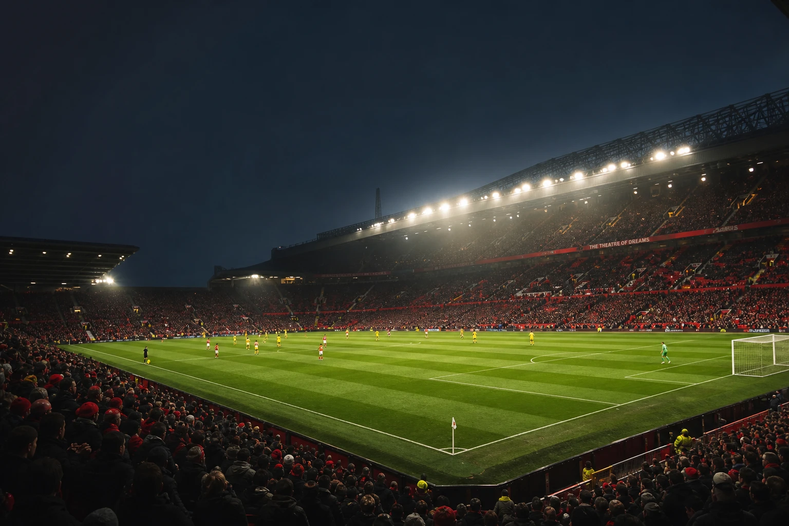 Old Trafford under floodlights on matchday